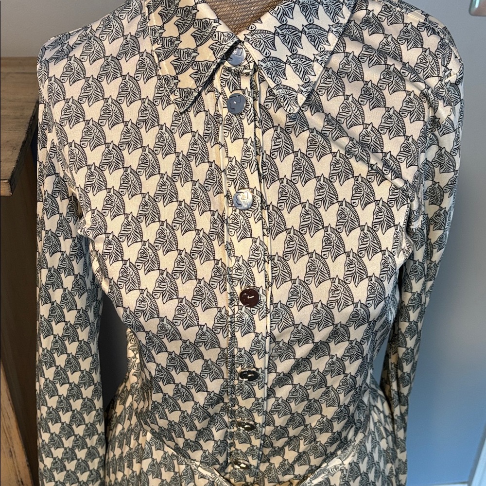 Tory Burch Blue Mini Zebra Printed Viscose & Silk Shirt Dress - Picture 2 of 15